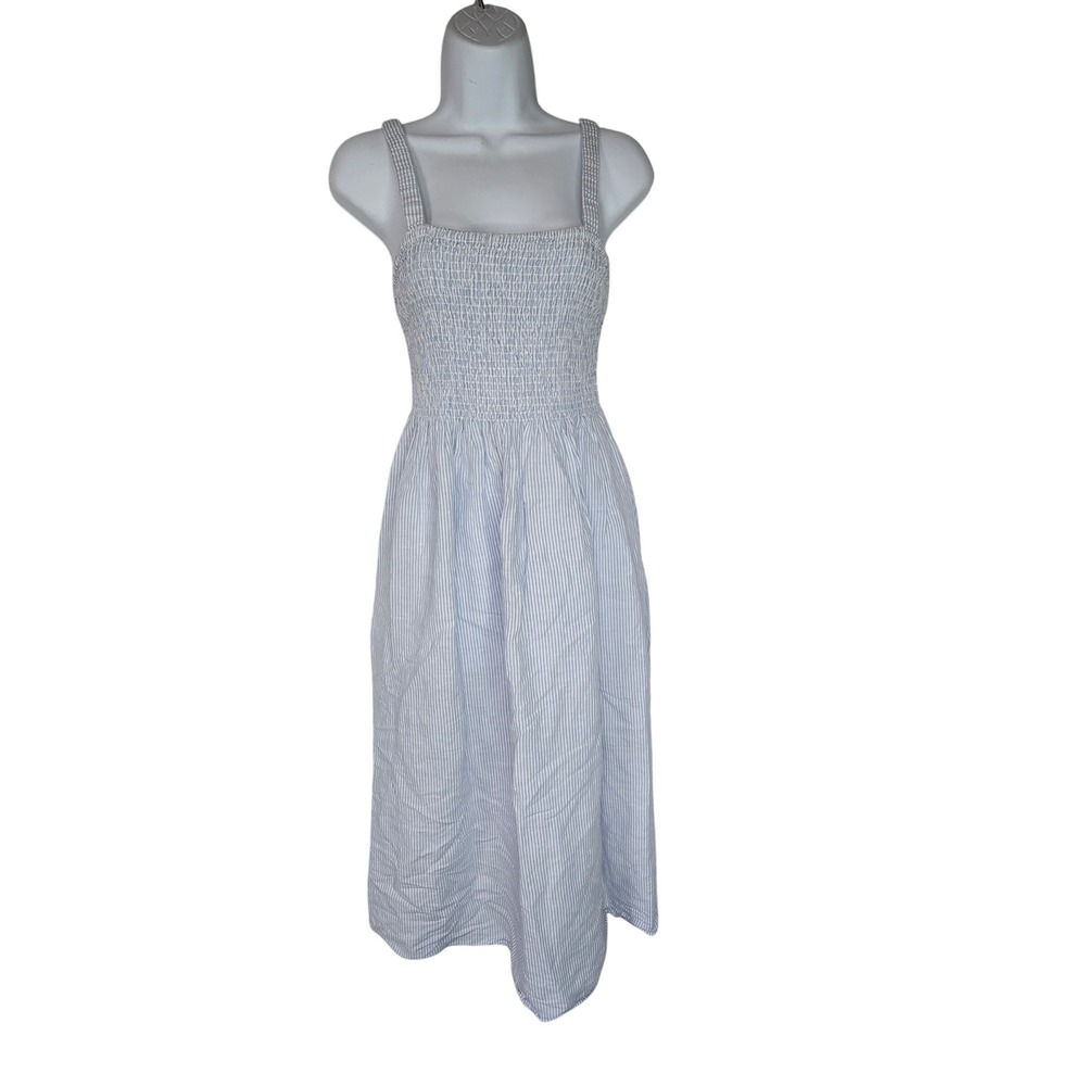 J.Crew Smocked Midi Dress Women Small Blue White Striped Linen Cotton Beach